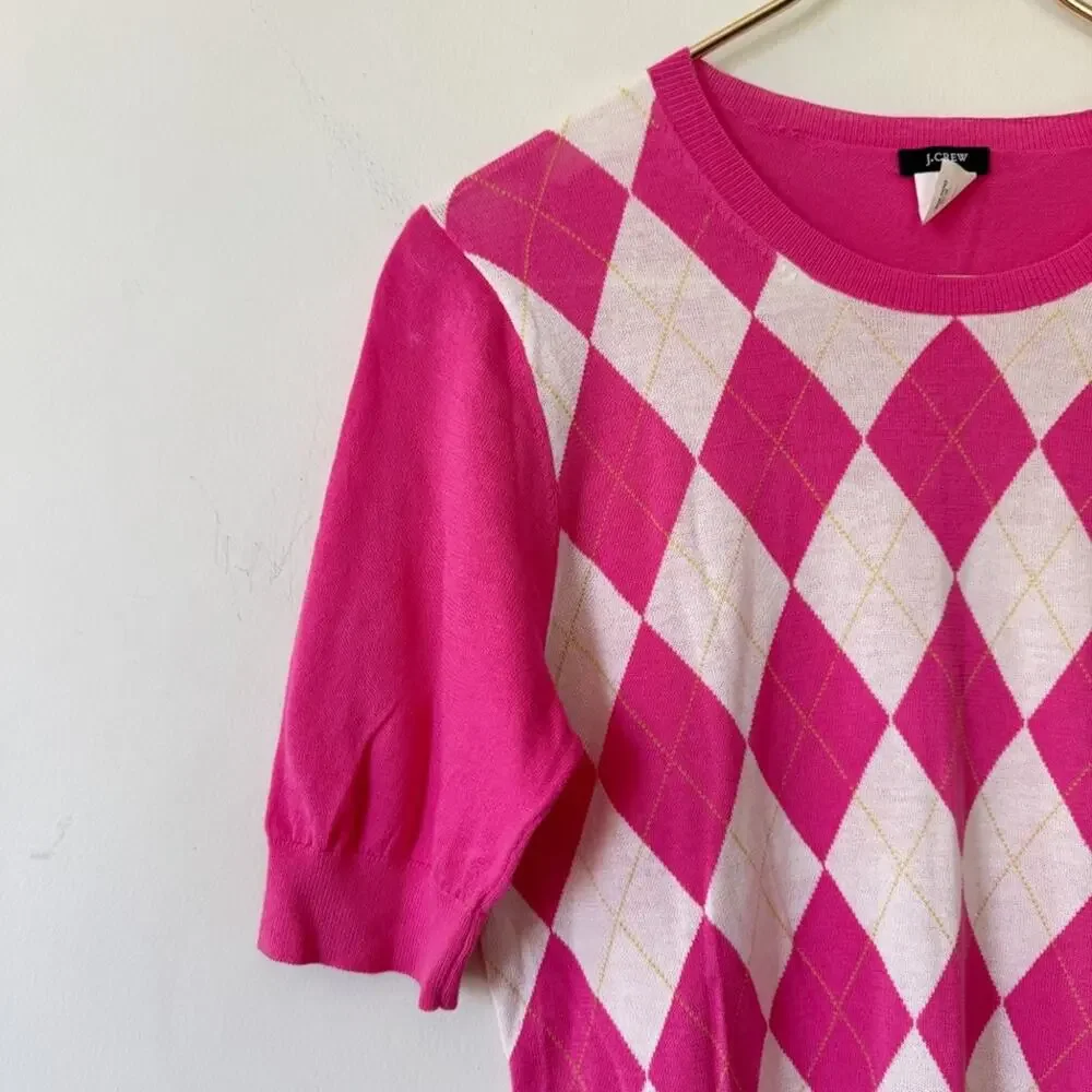 J. Crew Y2K Preppy Hot Pink Argyle Short Sleeve Lightweight Sweater M